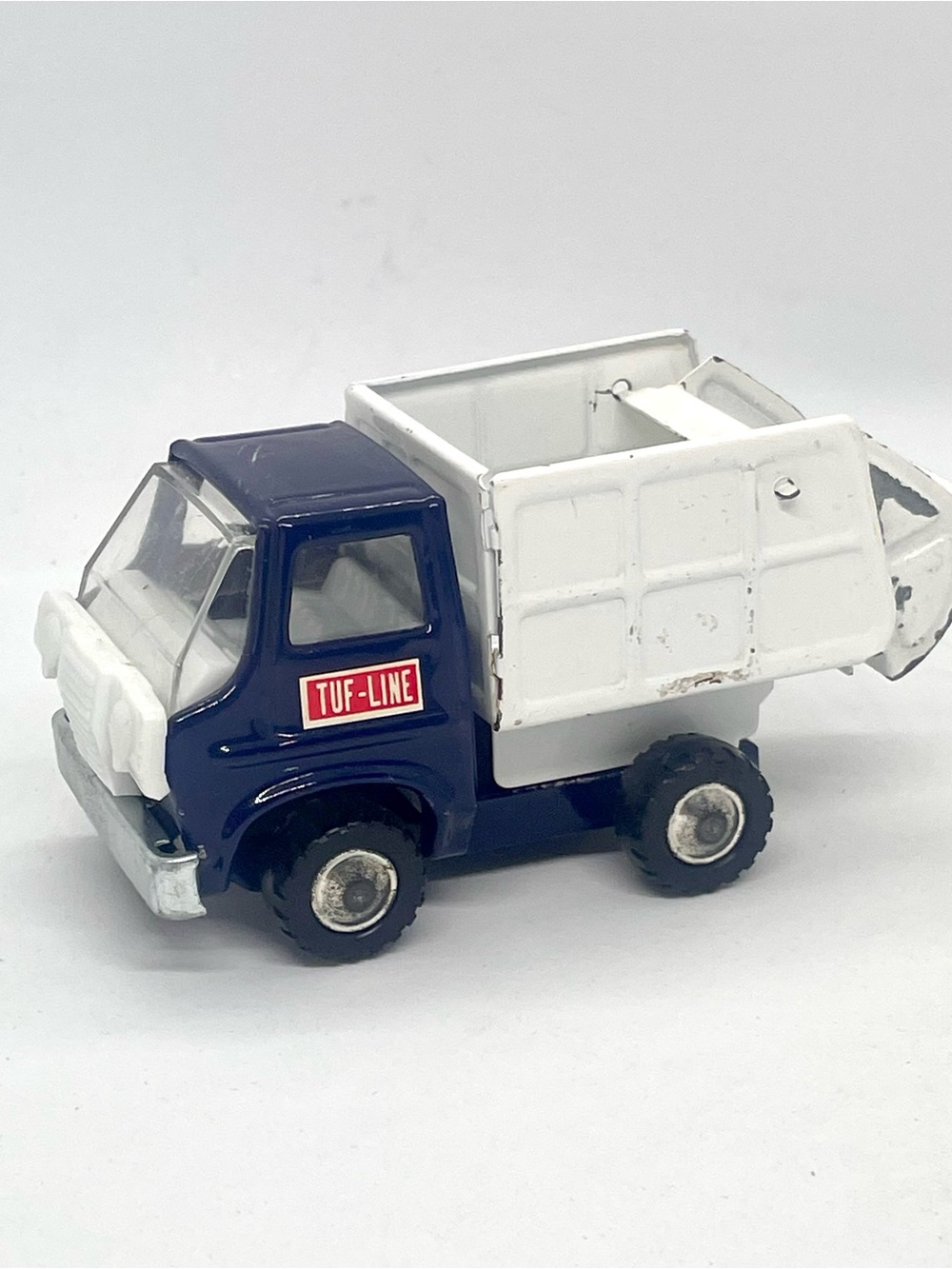 Vintage Tuf Line Diecast Garbage Truck Toy Blue White Made In Japan Dump Truck